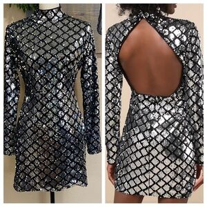 Lulu's Black and Silver Sequin Long Sleeve Dress